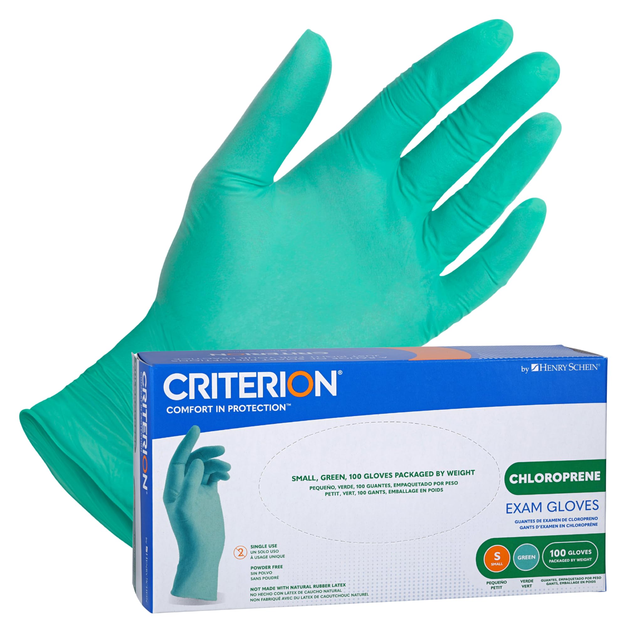 Criterion Chloroprene Exam Gloves, XS-X-Large, Green, 100/Box – Non-Sterile, Latex-Free, Disposable, Textured Fingers, 4.33 Mil Finger Thickness, Chemical & Tear Resistant, Beaded Cuff