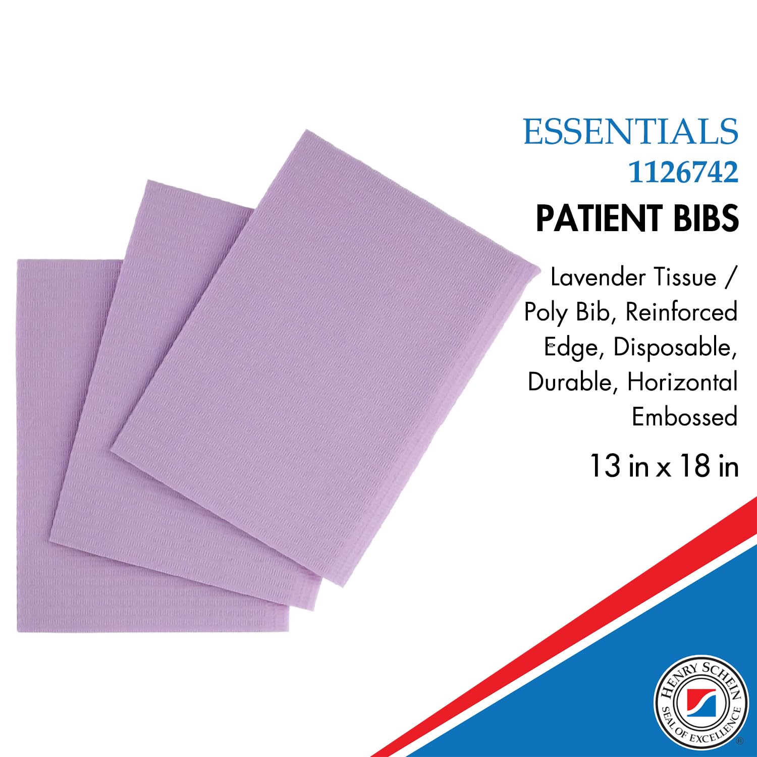 Essentials Patient Bibs – 2-Ply Tissue/Poly, 13” x 18”, 500/Case, Disposable with Reinforced Edge & Horizontal Embossed Texture – Fluid-Resistant Medical & Dental Bibs for Adults