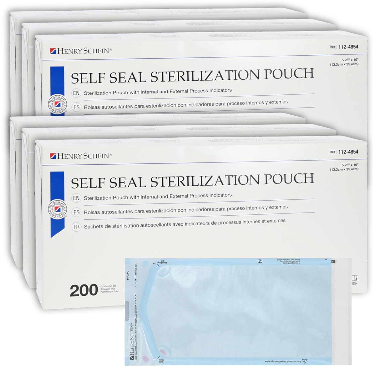 Henry Schein Self-Sealing Sterilization Pouches, Latex-Free, Built in Color Change Guide 5.25 in x 10 in 200/Bx