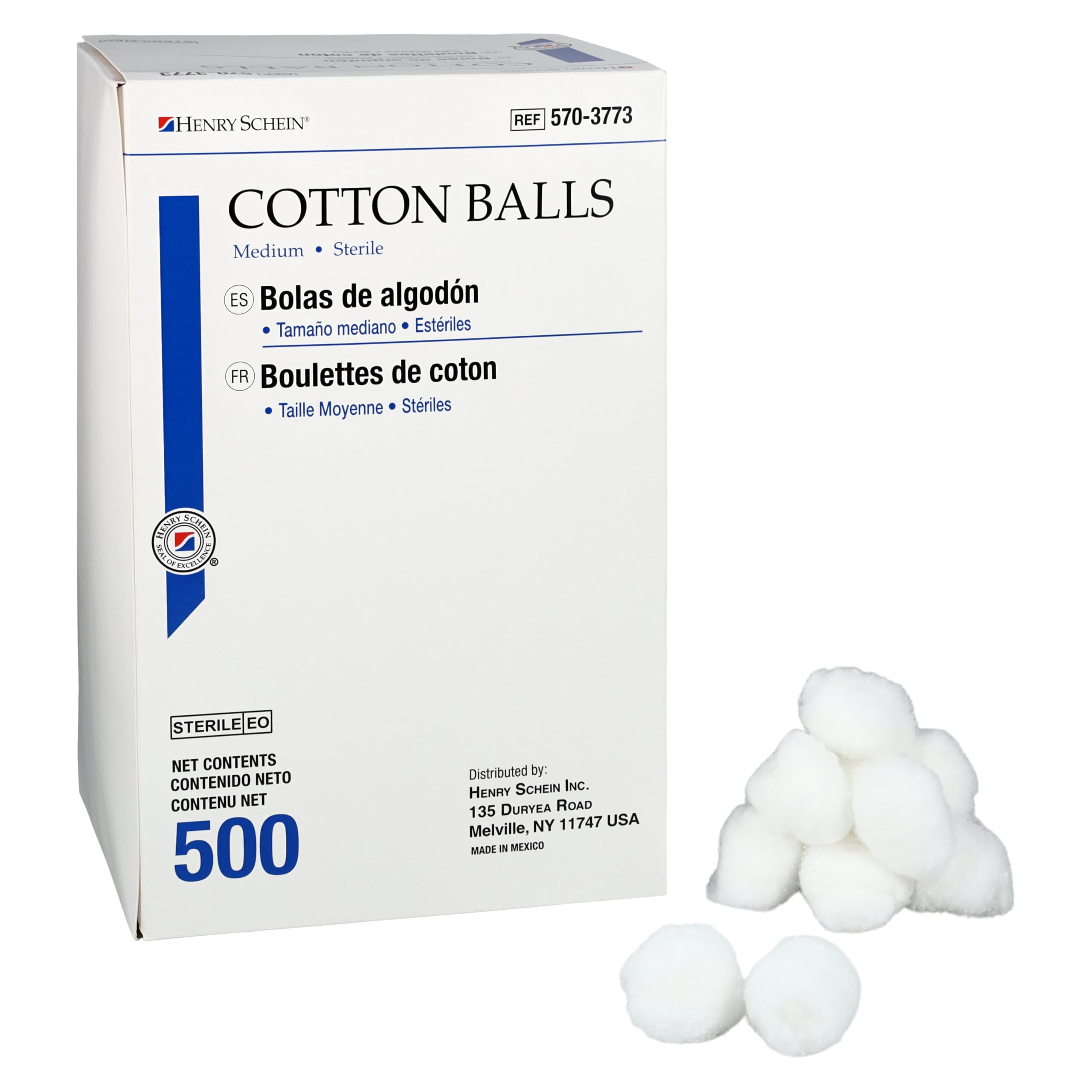 Henry Schein Cotton Balls, Medium Size, 100% Cotton, Superior Absorbency, Latex-Free, White - 500 Count
