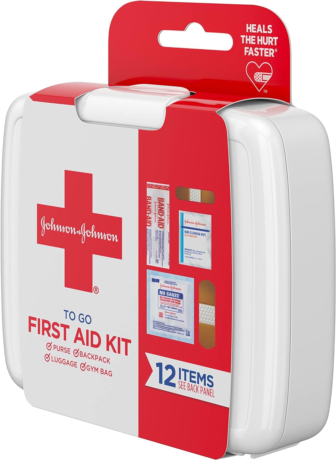 J&J Red Cross First Aid To Go Mini Portable Emergency Wound Care Travel Kit with Adhesive Bandages, Gauze Pads & Wipes for Purse, Backpack, Gym Bag, Car or Luggage, 12 Count