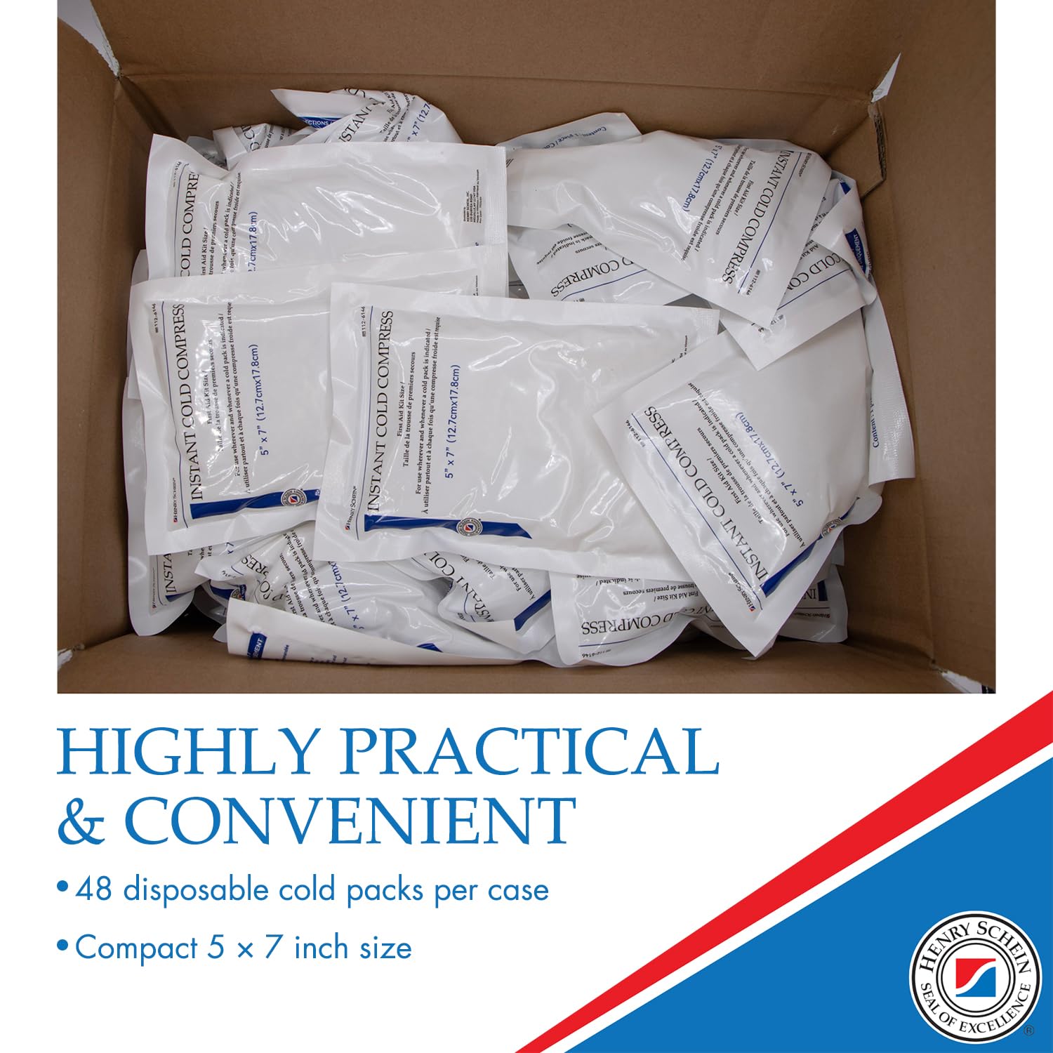 Henry Schein Instant Cold Packs, 5" x 5.5" (50 Pack) – Disposable Single-Use Ice Packs for Pain Relief, Swelling, Sprains, Sports Injuries, First Aid & Toothaches