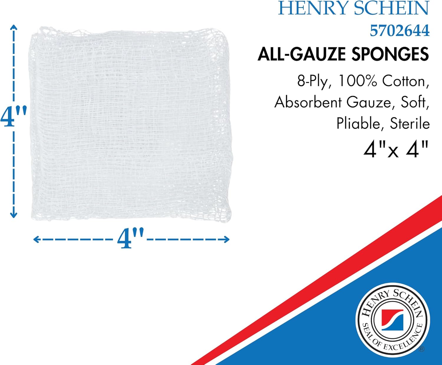 Henry Schein Premium 100% Cotton All-Gauze Sponge 4x4 8 Ply Sterile Square for Wound Care & Home First Aid Kits - 50/Box