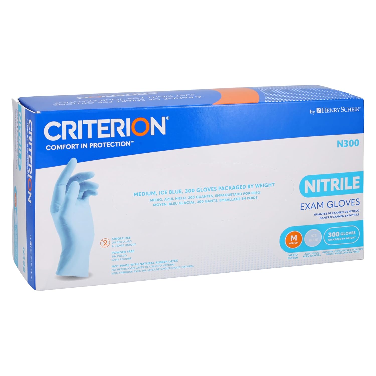 Criterion N300 Ice Blue Nitrile Exam Gloves – Sizes XS–XL, Chlorinated, Non-Sterile, Latex-Free – 300/Box (XS–L), 250/Box (XL)