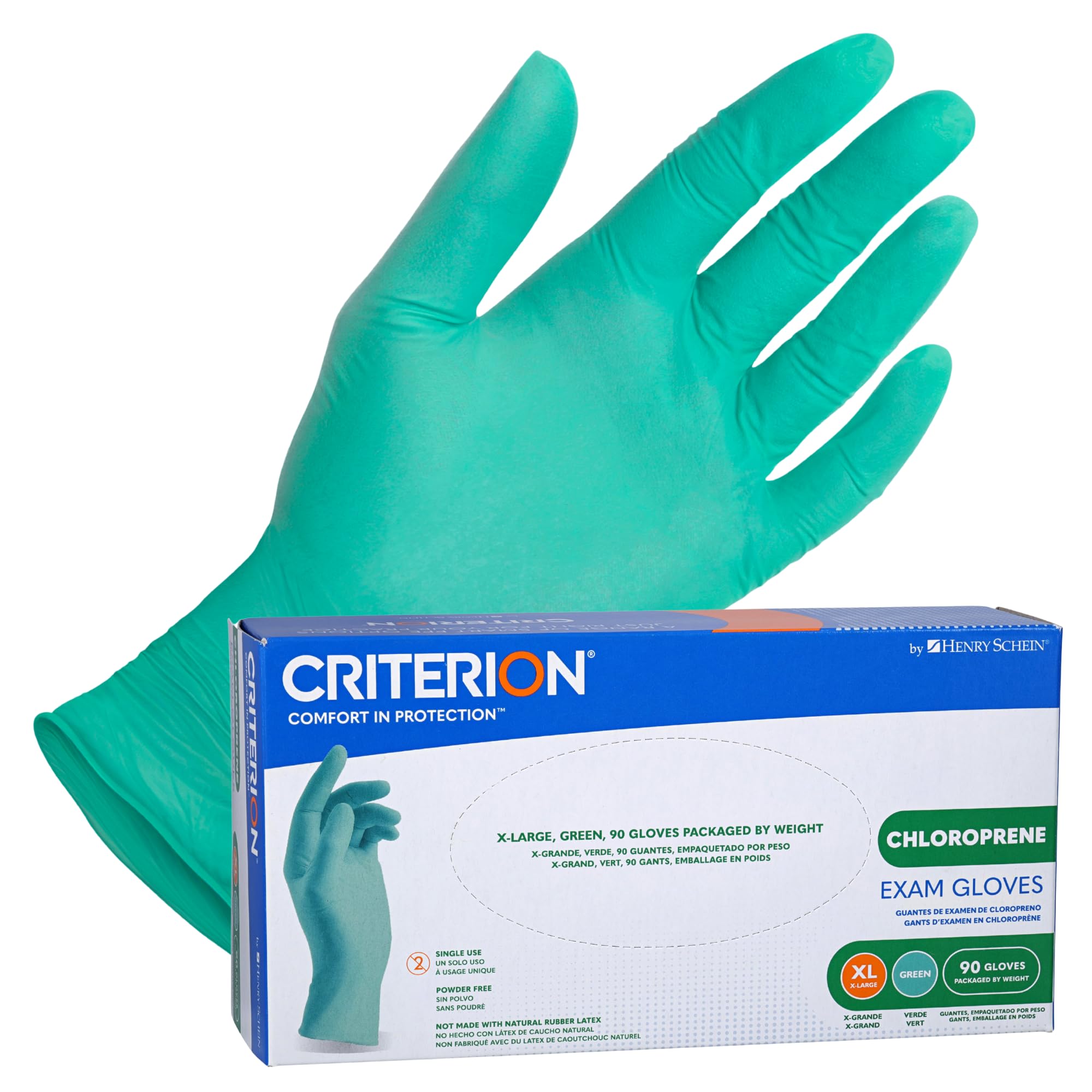 Criterion Chloroprene Exam Gloves, XS-X-Large, Green, 100/Box – Non-Sterile, Latex-Free, Disposable, Textured Fingers, 4.33 Mil Finger Thickness, Chemical & Tear Resistant, Beaded Cuff