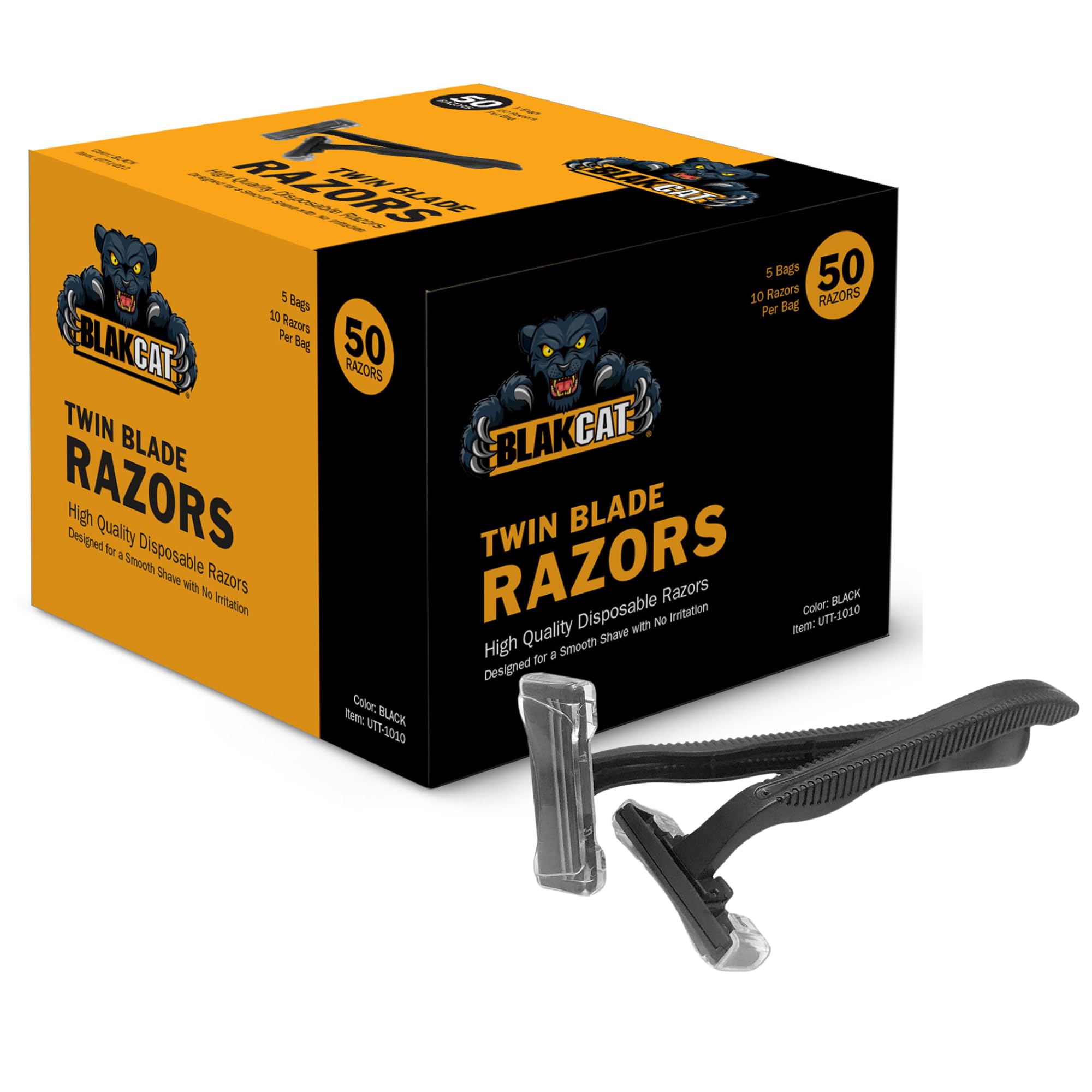 Dukal BlakCat Disposable Razors – Black, Twin Blade, Non-Sterile, Ergonomic Handle – Black Razors for Tattoo, Medical, Salon and Personal Use