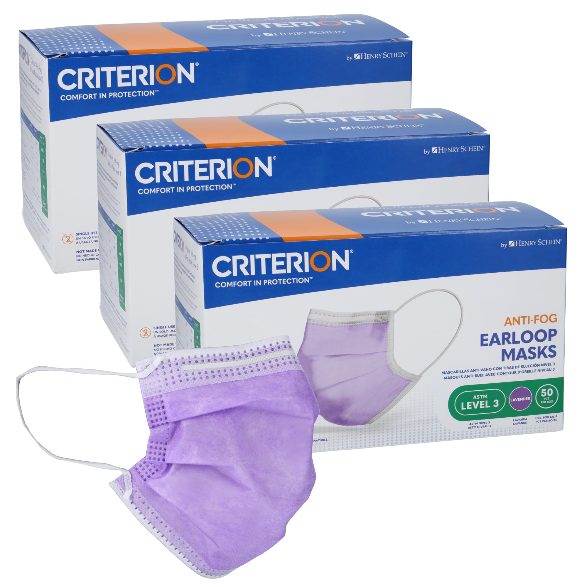 Criterion ASTM Level 3 Disposable Face Mask – Anti-Fog, Lavender, 3-Ply, Fluid Resistant, Latex-Free, Flat Earloops, Adult, 50/Box