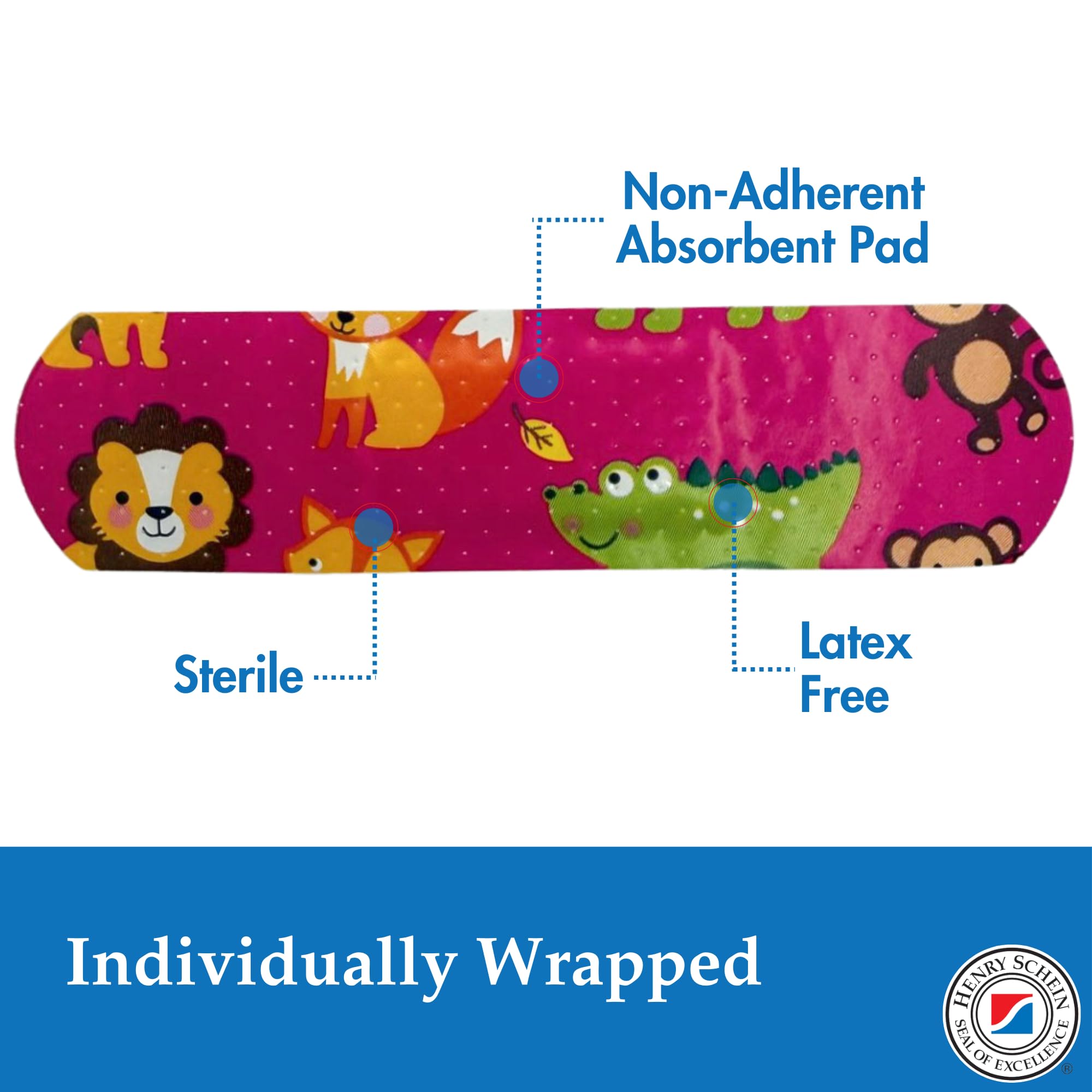 Henry Schein Adhesive Bandages – Plastic, 3/4" x 3", Animal Print, Sterile – 100 per Box, Individually Wrapped for Medical or Pediatric Use