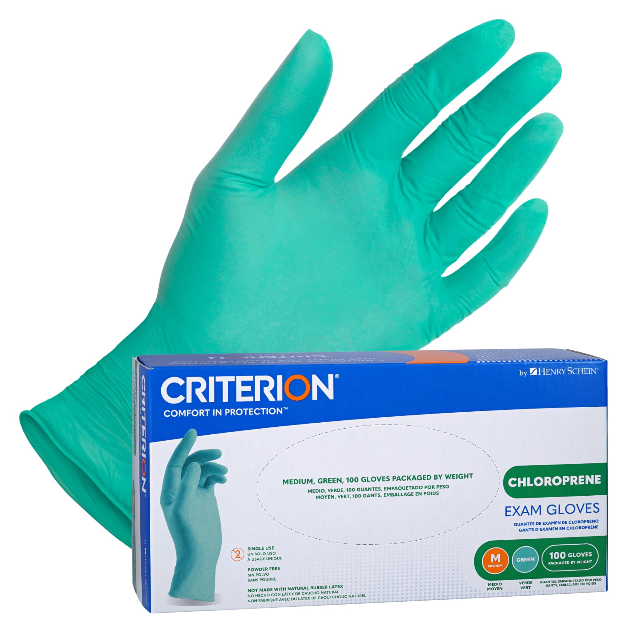 Criterion Chloroprene Exam Gloves, XS-X-Large, Green, 100/Box – Non-Sterile, Latex-Free, Disposable, Textured Fingers, 4.33 Mil Finger Thickness, Chemical & Tear Resistant, Beaded Cuff