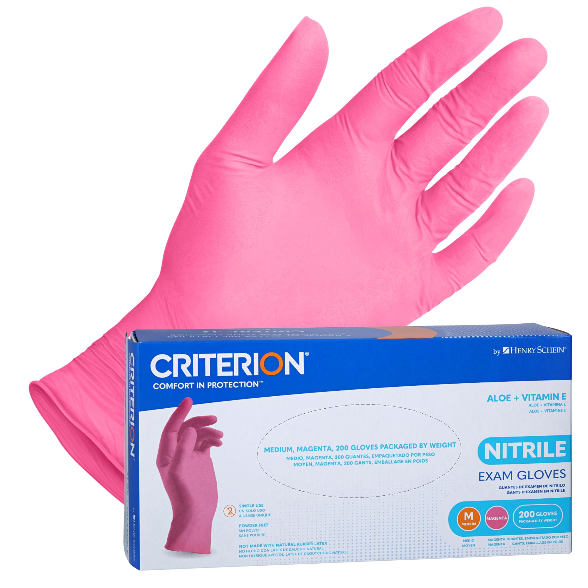 Henry Schein Criterion Nitrile Exam Gloves, Magenta Pink, 200/Box, Latex-Free, Powder-Free, Soothing Formula with Vitamin E and Aloe Vera