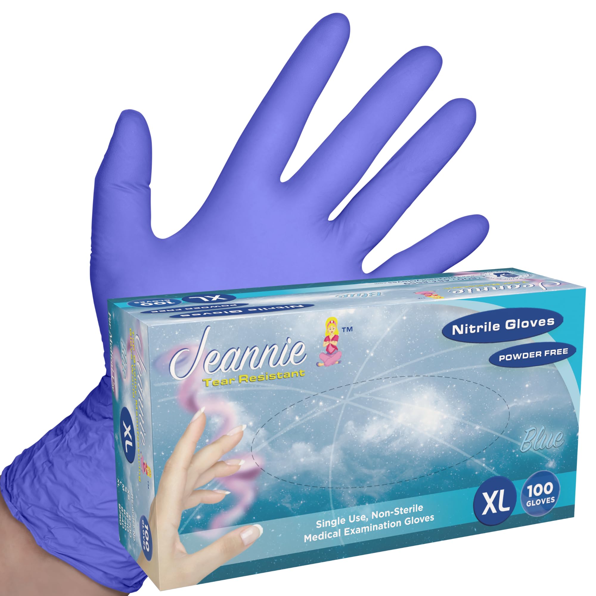 Jeannie Glove World Nitrile Disposable Gloves – Blue – Super Stretch, Tear-Resistant, Latex and Powder Free – Ideal for Food Prep, Arts & Crafts, Gardening, Light Tasks