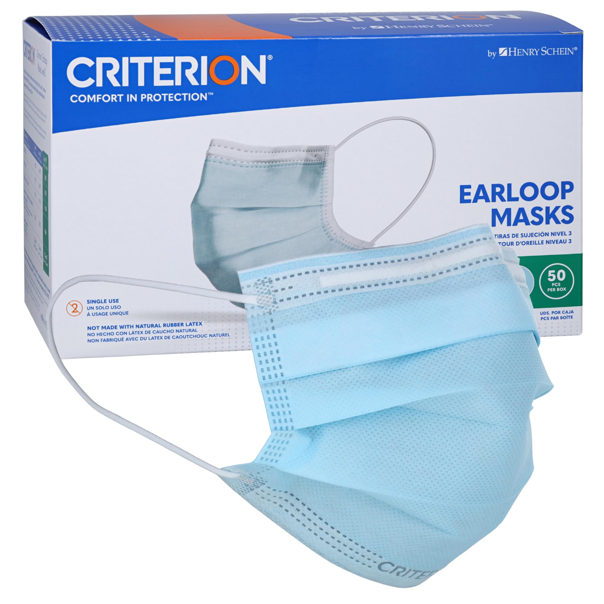 Criterion ASTM Level 3 Disposable Face Mask – Blue, 3-Ply, Fluid Resistant, Latex-Free, Flat Earloops