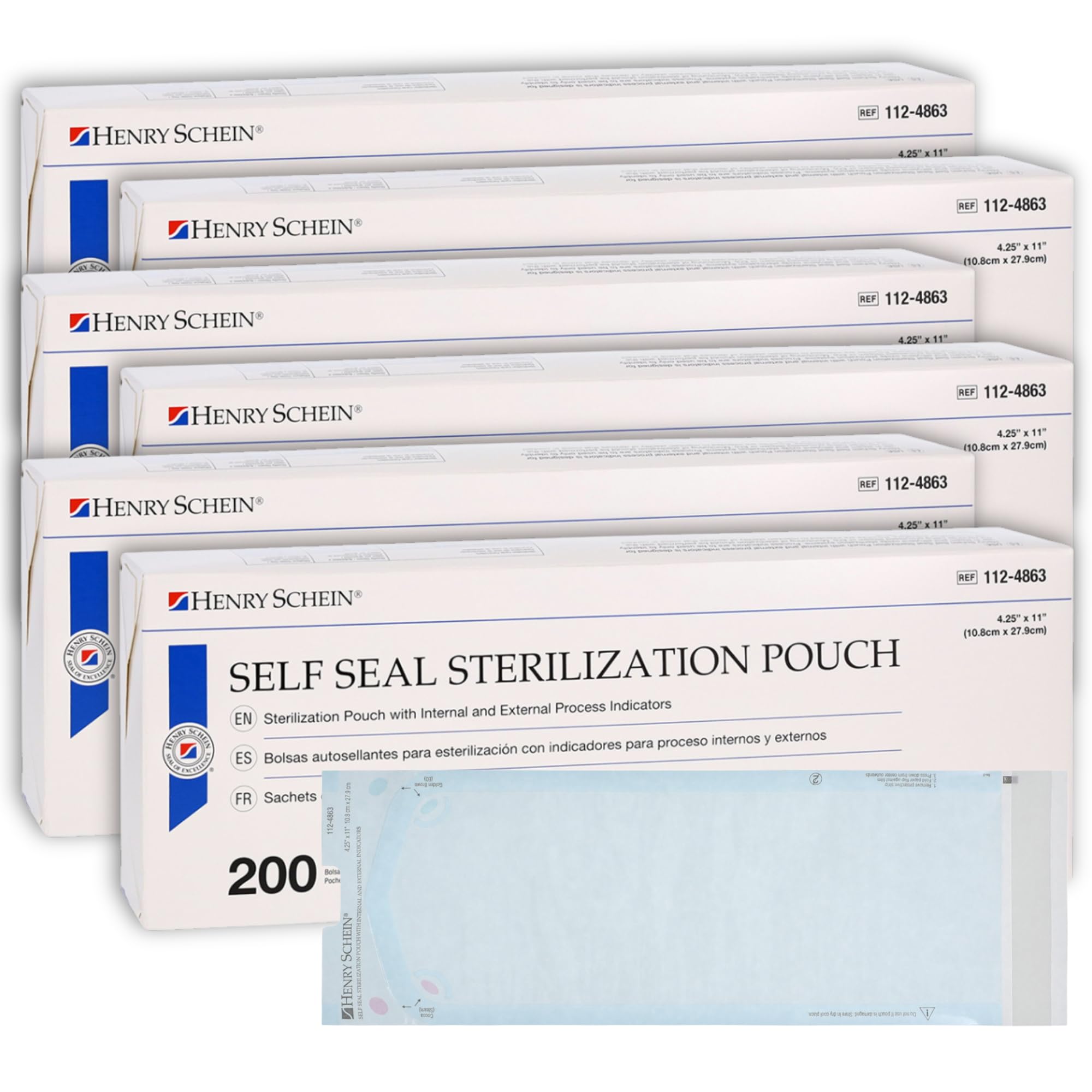 Henry Schein Self-Sealing Sterilization Pouches, Latex-Free, Built in Color Change Guide 4.25 in x 1n