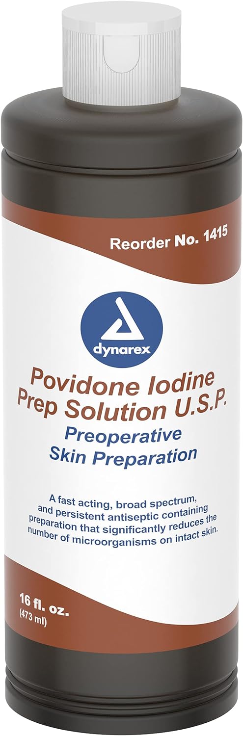 Dynarex Povidone Iodine Prep Solution USP, Effective Topical Antiseptic Liquid for Skin and Mucosa, Cleansing and Preparation, Brown, 1 - 16 Fluid Oz. Bottle