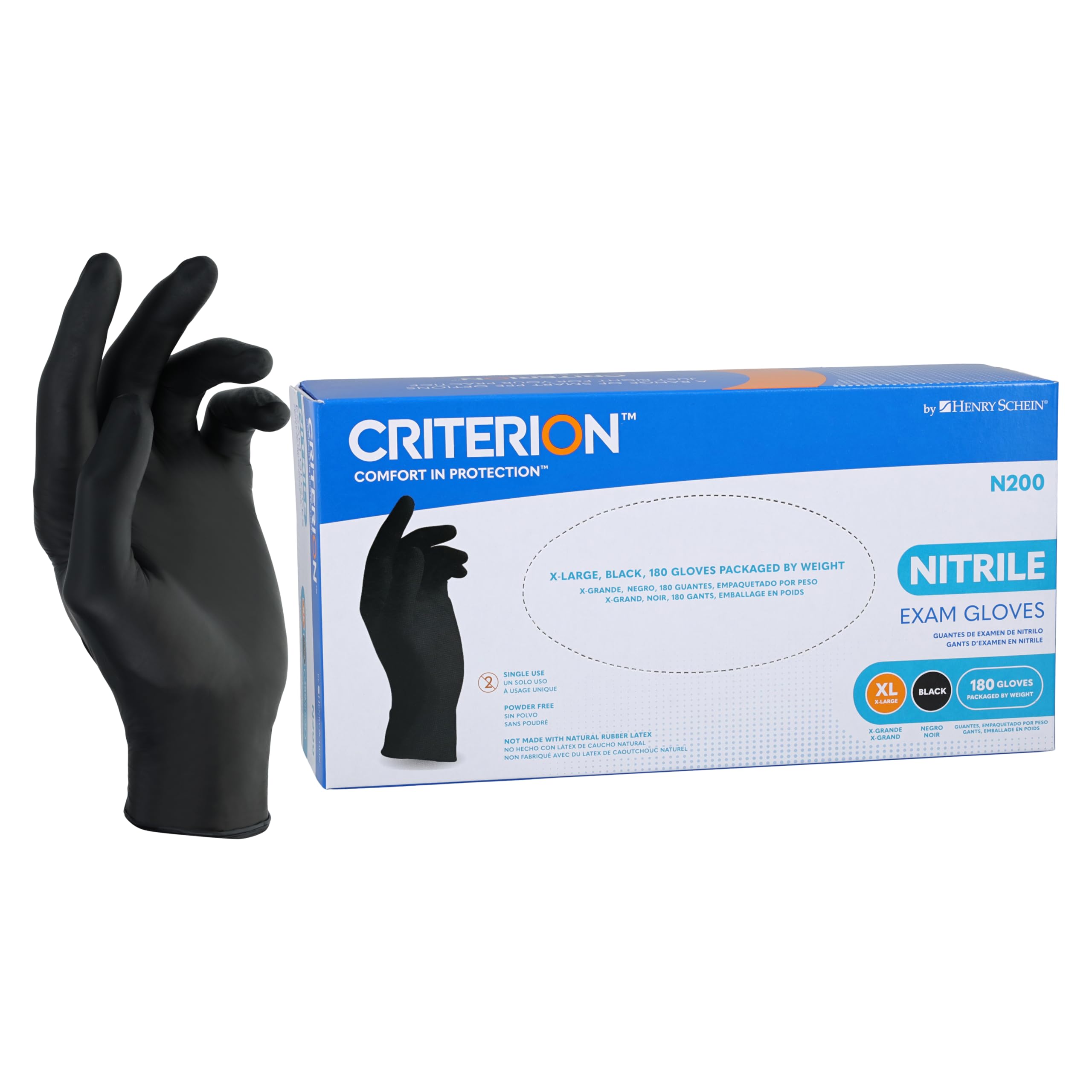 Criterion N200 Black Nitrile Exam Gloves – Latex-Free, Powder-Free, Chemo & Fentanyl-Tested, Textured Fingertips, Beaded Cuff – 200 Count | Medical, Dental, Tattoo, Food Prep