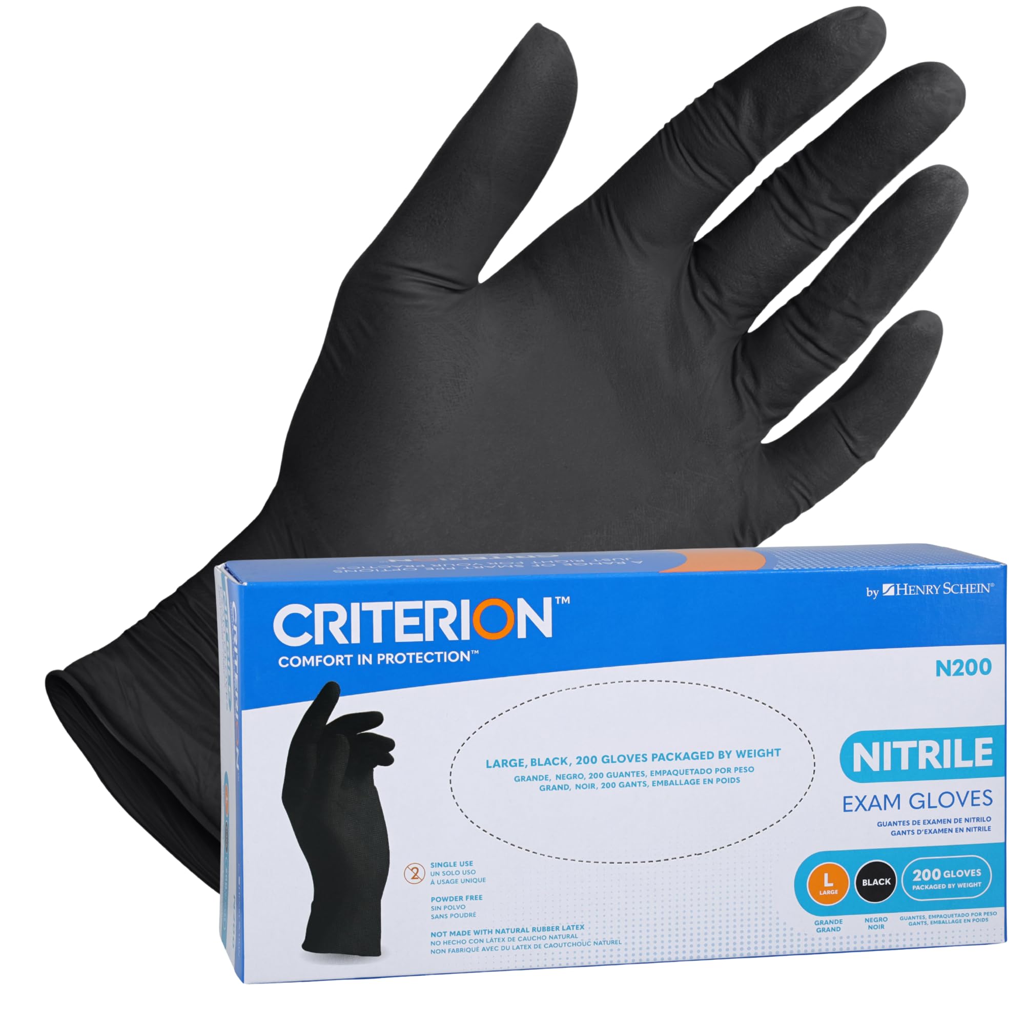 Criterion N200 Black Nitrile Exam Gloves – Latex-Free, Powder-Free, Chemo & Fentanyl-Tested, Textured Fingertips, Beaded Cuff – 200 Count | Medical, Dental, Tattoo, Food Prep