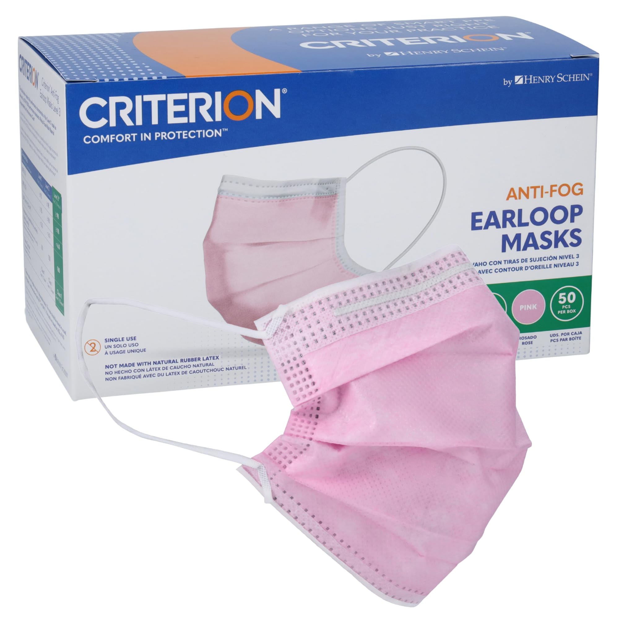 Criterion ASTM Level 3 Disposable Face Mask – Anti-Fog, Mask, 3-Ply, Fluid Resistant, Latex-Free, Flat Earloops, Adult, 50/Box