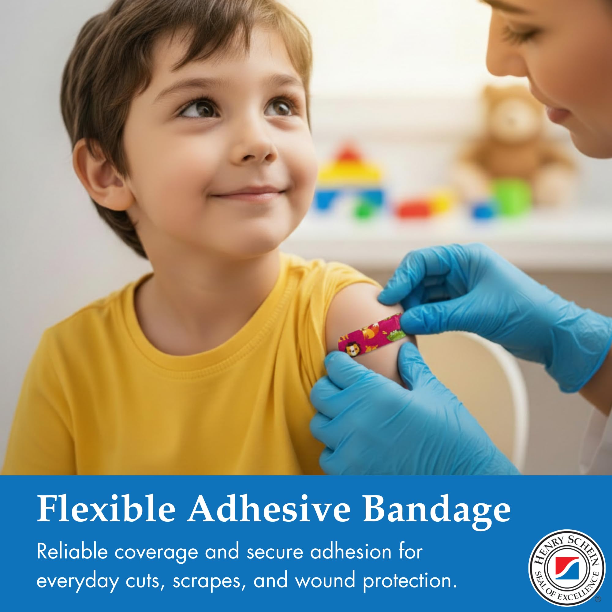 Henry Schein Adhesive Bandages – Plastic, 3/4" x 3", Animal Print, Sterile – 100 per Box, Individually Wrapped for Medical or Pediatric Use