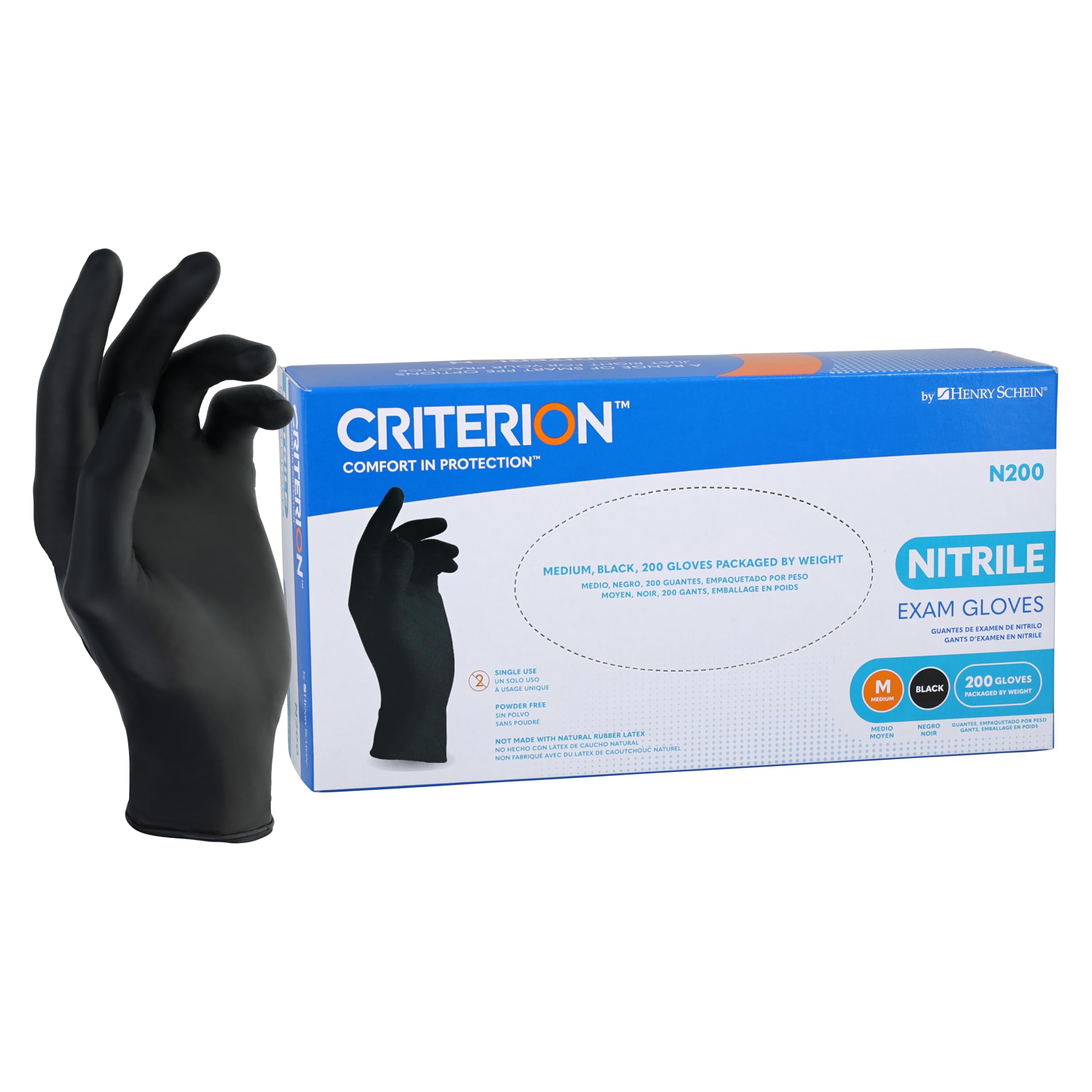 Criterion N200 Black Nitrile Exam Gloves – Latex-Free, Powder-Free, Chemo & Fentanyl-Tested, Textured Fingertips, Beaded Cuff – 200 Count | Medical, Dental, Tattoo, Food Prep