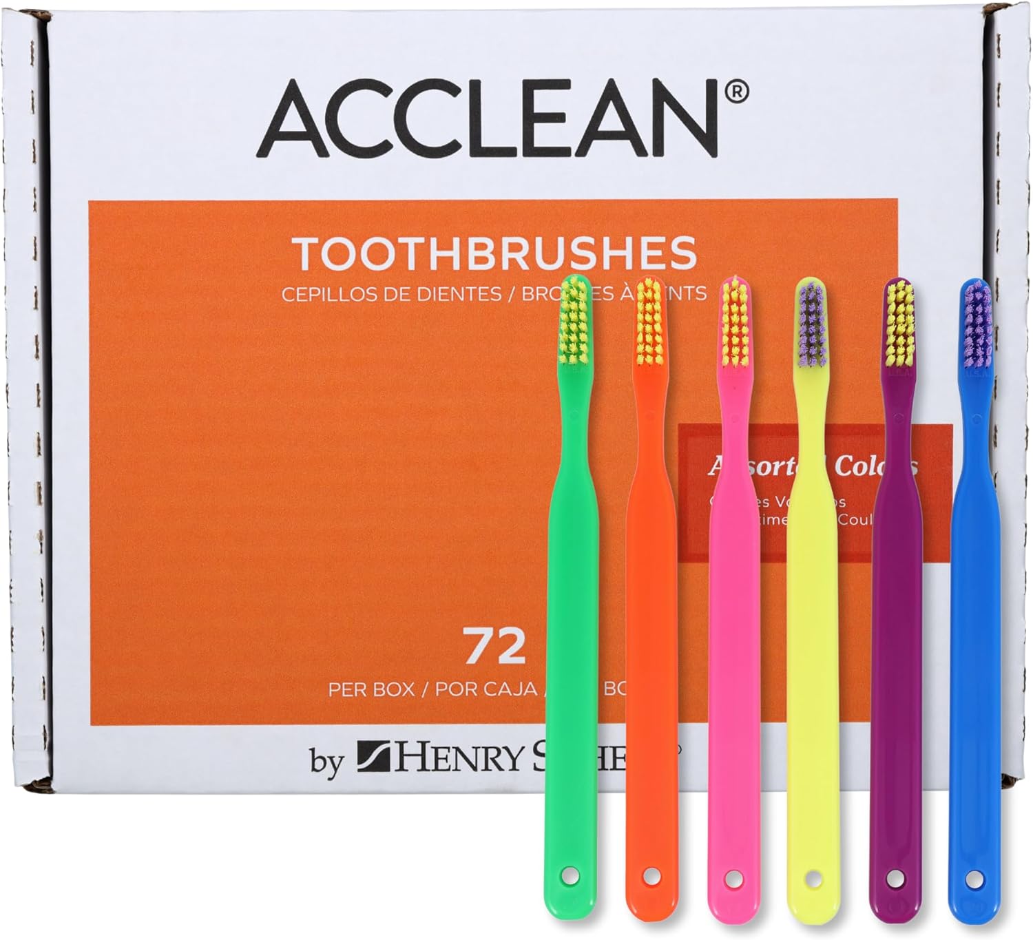 Henry Schein Acclean Child Toothbrush, Assorted Neon Colors, 24-Tuft Narrow Head, Soft Bristles, Manual Straight Handle, Individually Wrapped
