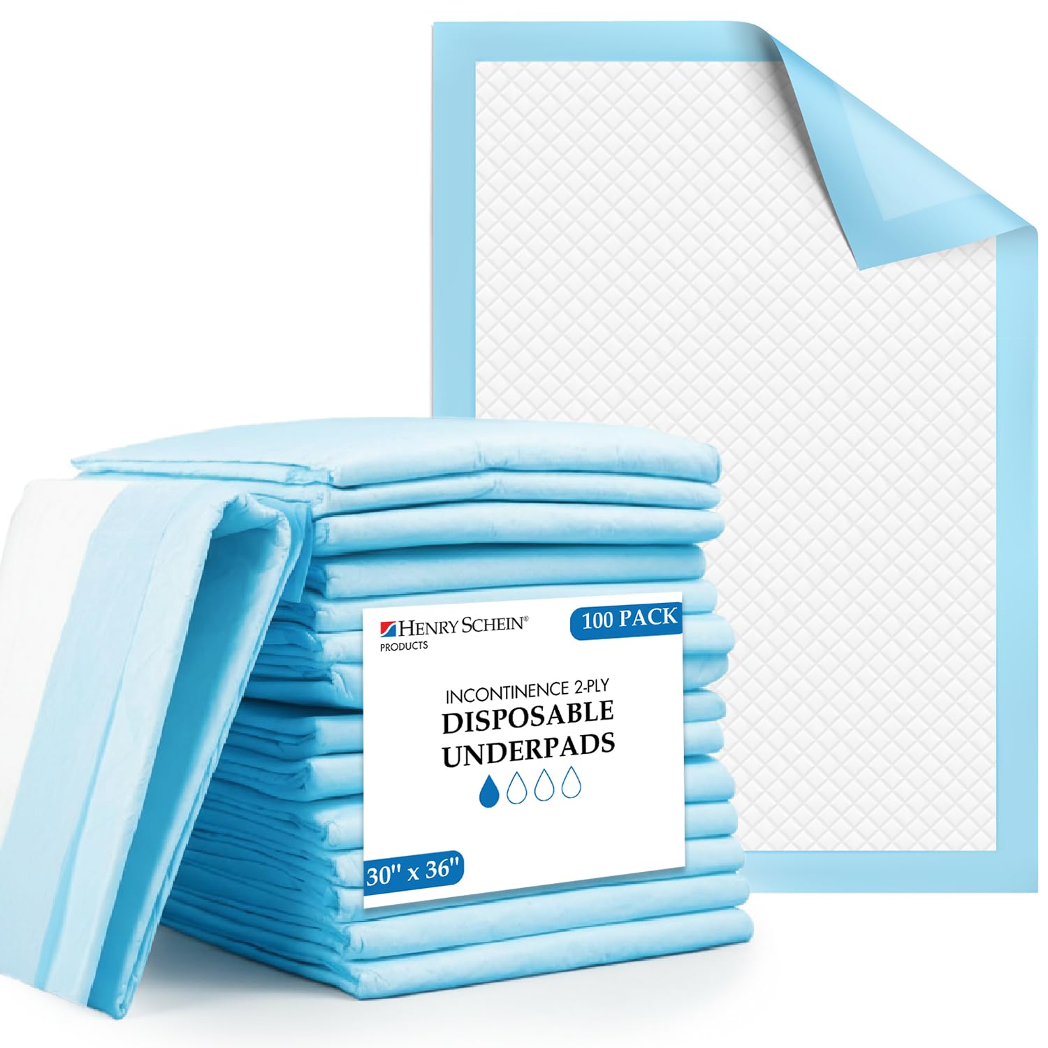 Henry Schein Disposable Underpads, 30x36" – Light Absorbency, 2-Ply Tissue, Not Waterproof – Hypoallergenic, Latex-Free, Poly-Backed for Minor Leaks – 100 Pads/Case, White/Blue