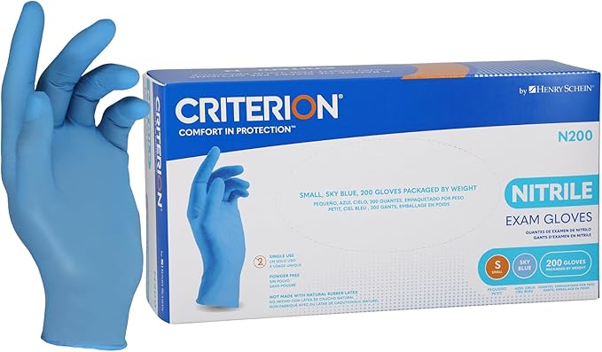 Criterion N200 Nitrile Exam Gloves, Sky Blue – 200/Box, Latex-Free, Disposable, Textured Fingertips, Beaded Cuff, Non-Sterile, Ambidextrous