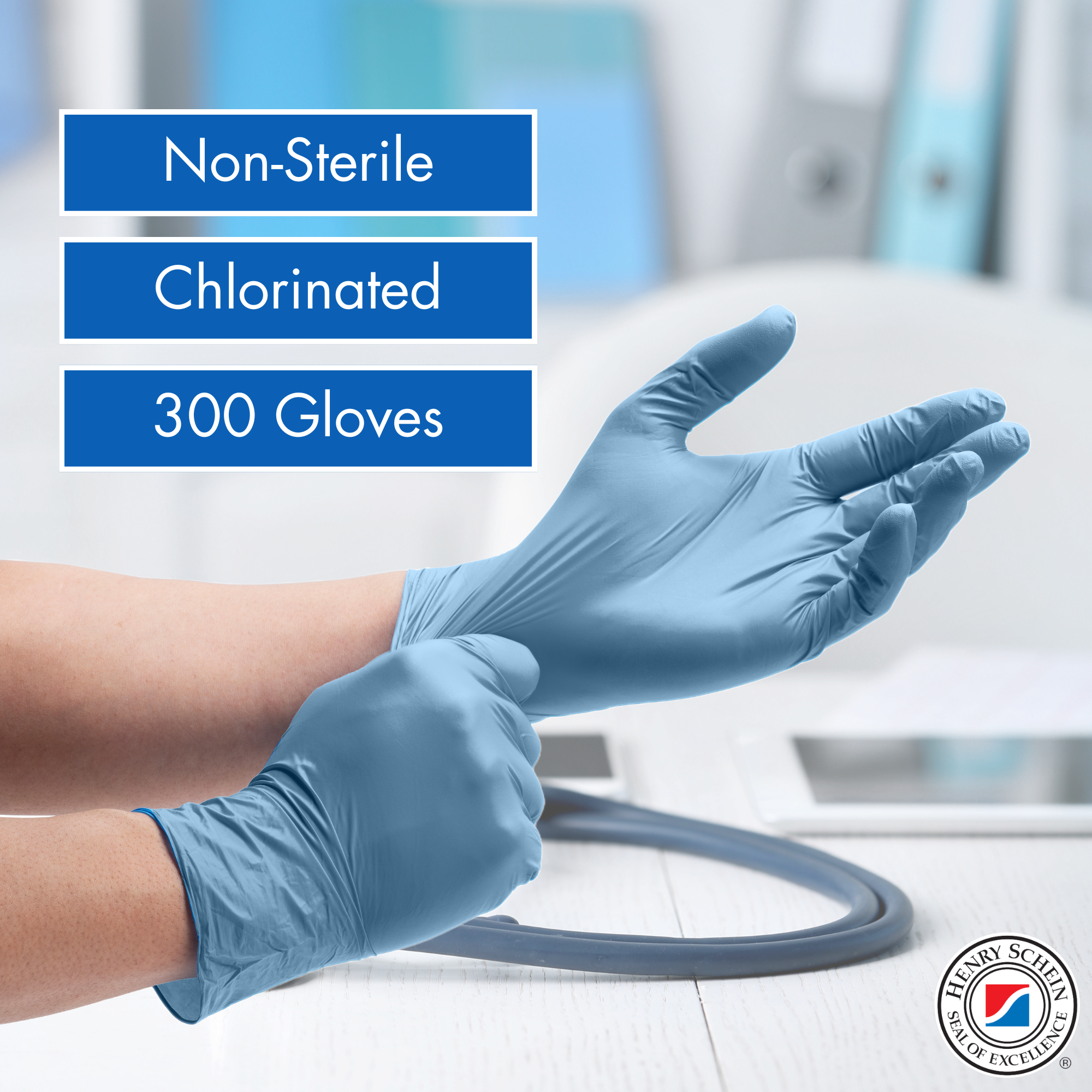 Criterion N300 Ice Blue Nitrile Exam Gloves – Sizes XS–XL, Chlorinated, Non-Sterile, Latex-Free – 300/Box (XS–L), 250/Box (XL)