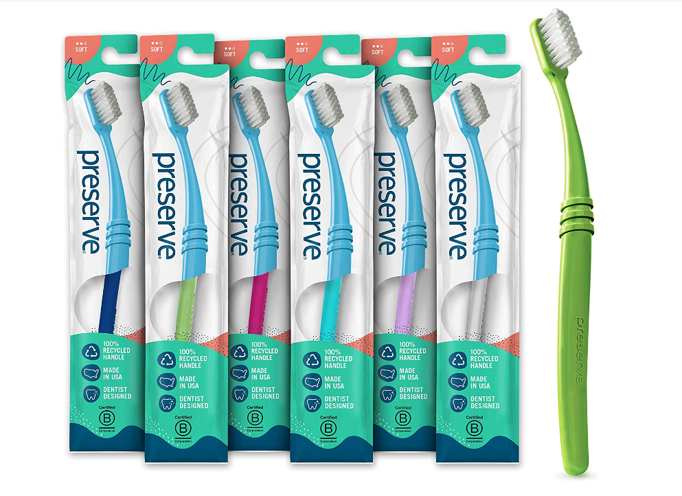 Preserve Eco Friendly Adult Toothbrushes, Made in The USA from Recycled Plastic, Lightweight Pouch, Colors Vary, 6 Count