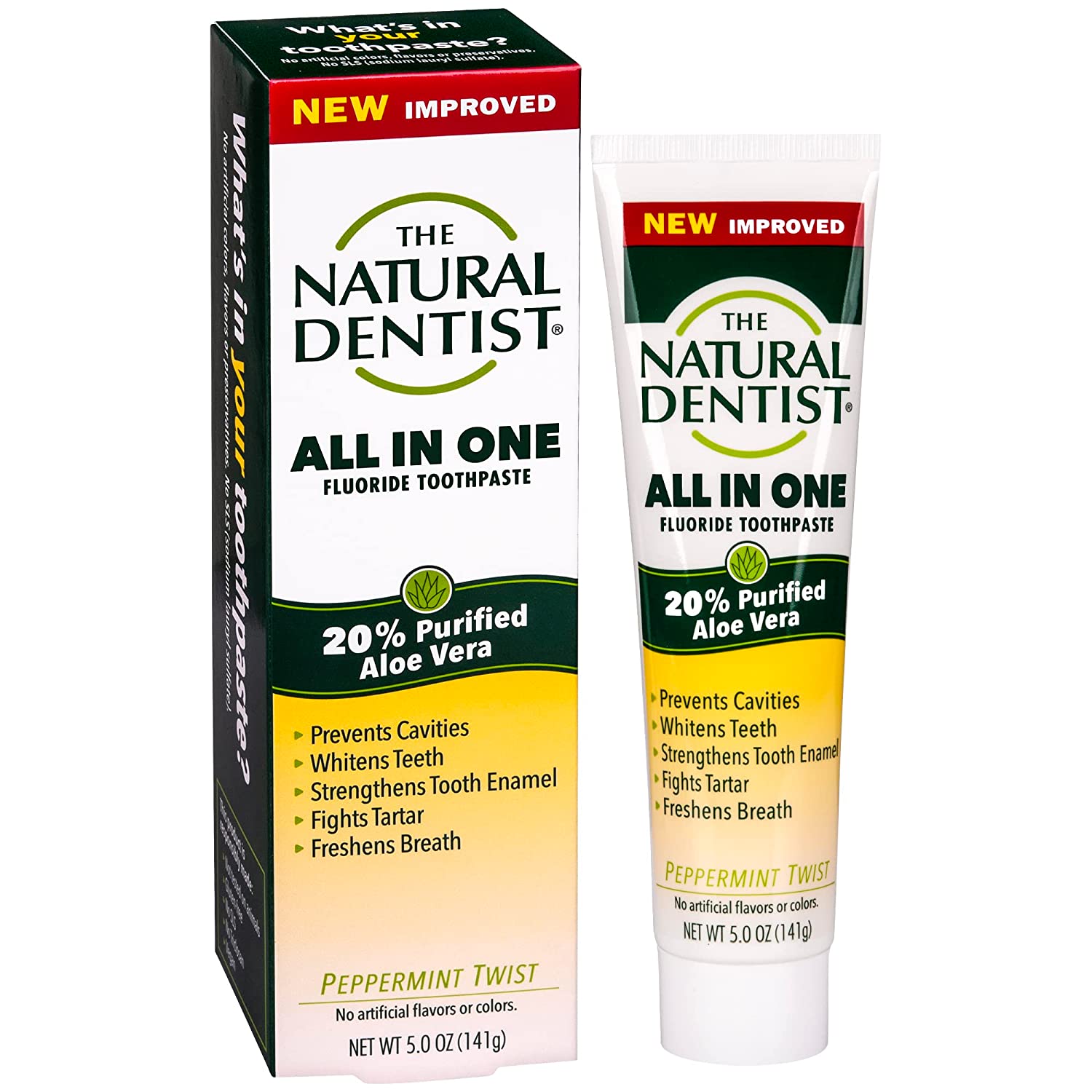 The Natural Dentist All-In-One Fluoride/Sulfate-Free Toothpaste with Aloe, Peppermint Twist Flavor, 5 Ounce Tube