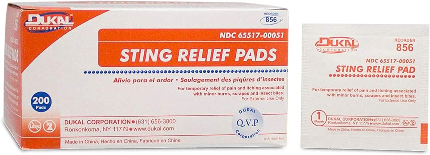 Dukal Sting Relief Pads. Case of 200 Anesthetic Pads for Burns, Scrapes. 2-Ply Non-Woven Pads in Individual Pouches, Non-Sterile Sting Relief Wipes, 856