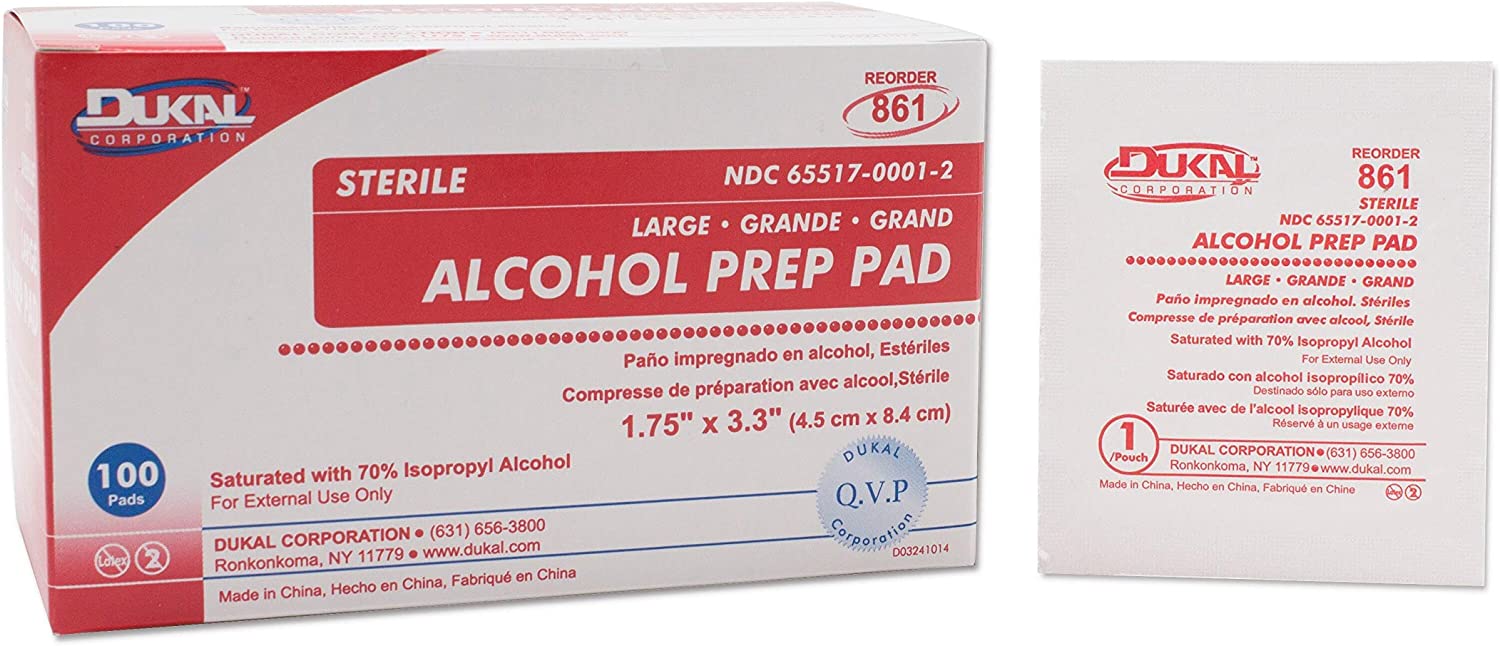 Dukal Prep Pads, 1.75" x 3.3". Pack of 100 Skin Cleansing Wipes. Large 2-ply Disposable Prep Pads. Disposable Sanitizer Wipes. Non-Woven, Sterile Sanitizing Travel Wipes, 861