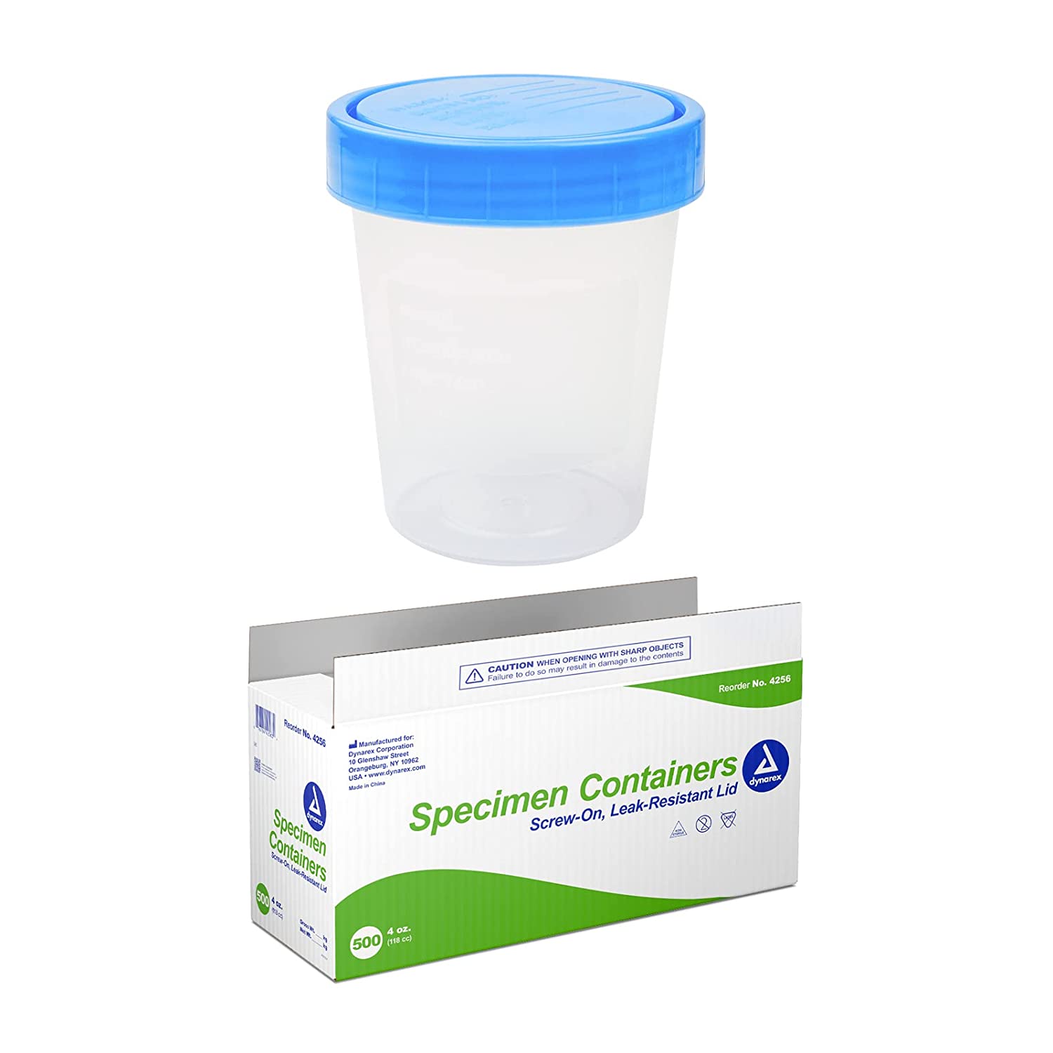 Dynarex Specimen Containers, Non-Sterile, Bulk Packaged Specimen Cups with Lids, Clear with Blue Lid, 1 Box of 500