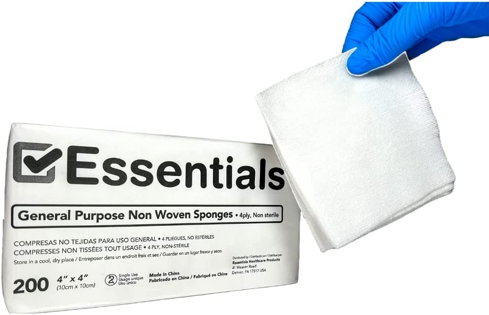 Essentials Non-Sterile Gauze Sponges – 200 Count, 4-Ply, 4’’ x 4’’ Gauze Pads, One Package, Non-Woven Gauze Sponges, Wound Care Product for First Aid Kit/Medical Facilities
