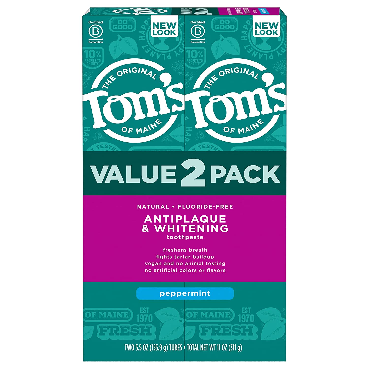 Tom's of Maine Fluoride-Free Antiplaque & Whitening Natural Toothpaste, Peppermint, 5.5 oz.