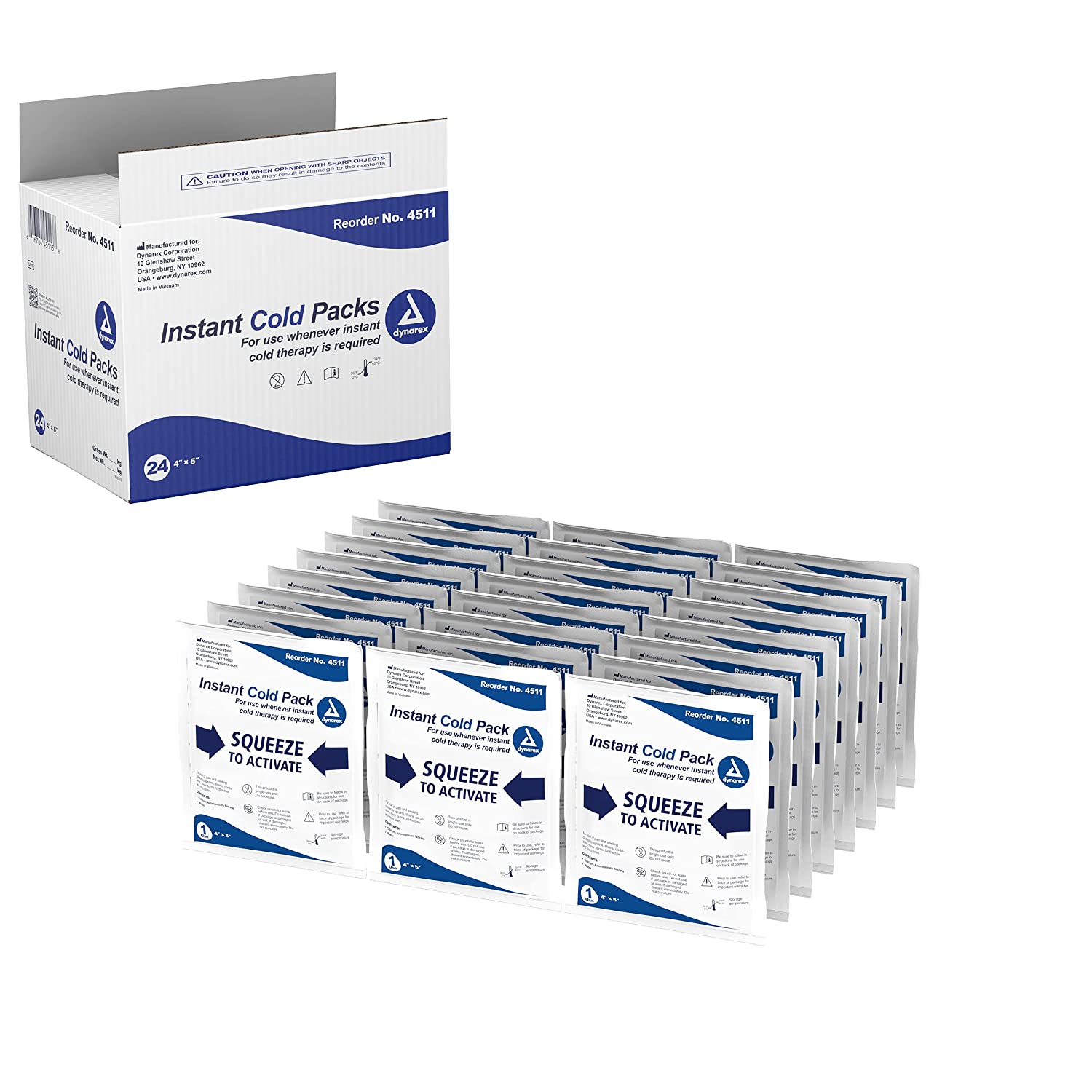 Dynarex Disposable Ice Packs for Injuries - Instant Cold Packs for First Aid, Swelling, Sprains & Abrasions - Single Use Cold Pack & Cold Compress Packs for Joint & Muscle Pain - 24-Pack, 4x5-Inch
