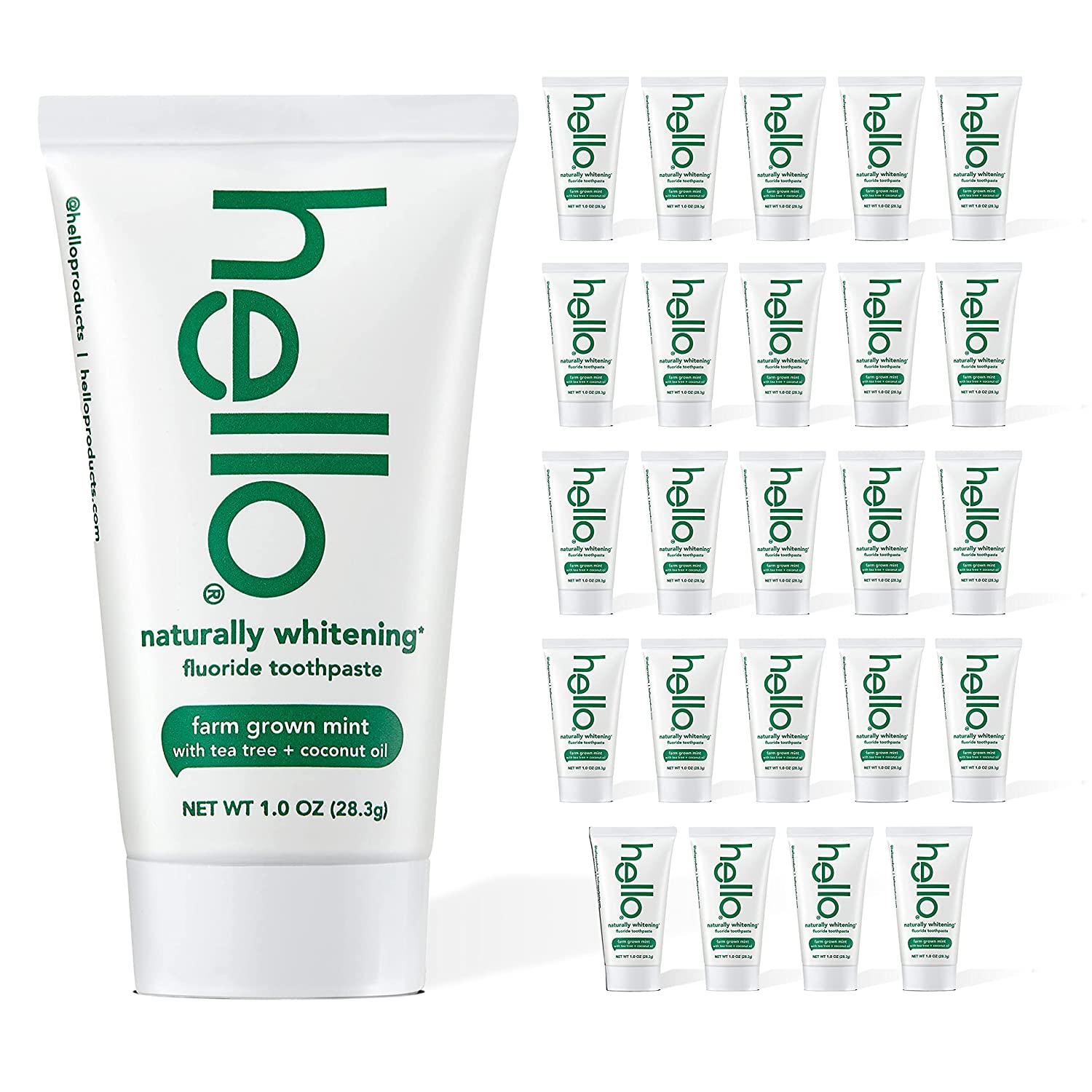 Hello Naturally Whitening Fluoride Toothpaste, 1 Ounce (Pack of 24), Farm Grown Mint with Tea Tree and Coconut Oil, Vegan, SLS Free, Gluten Free and Peroxide Free
