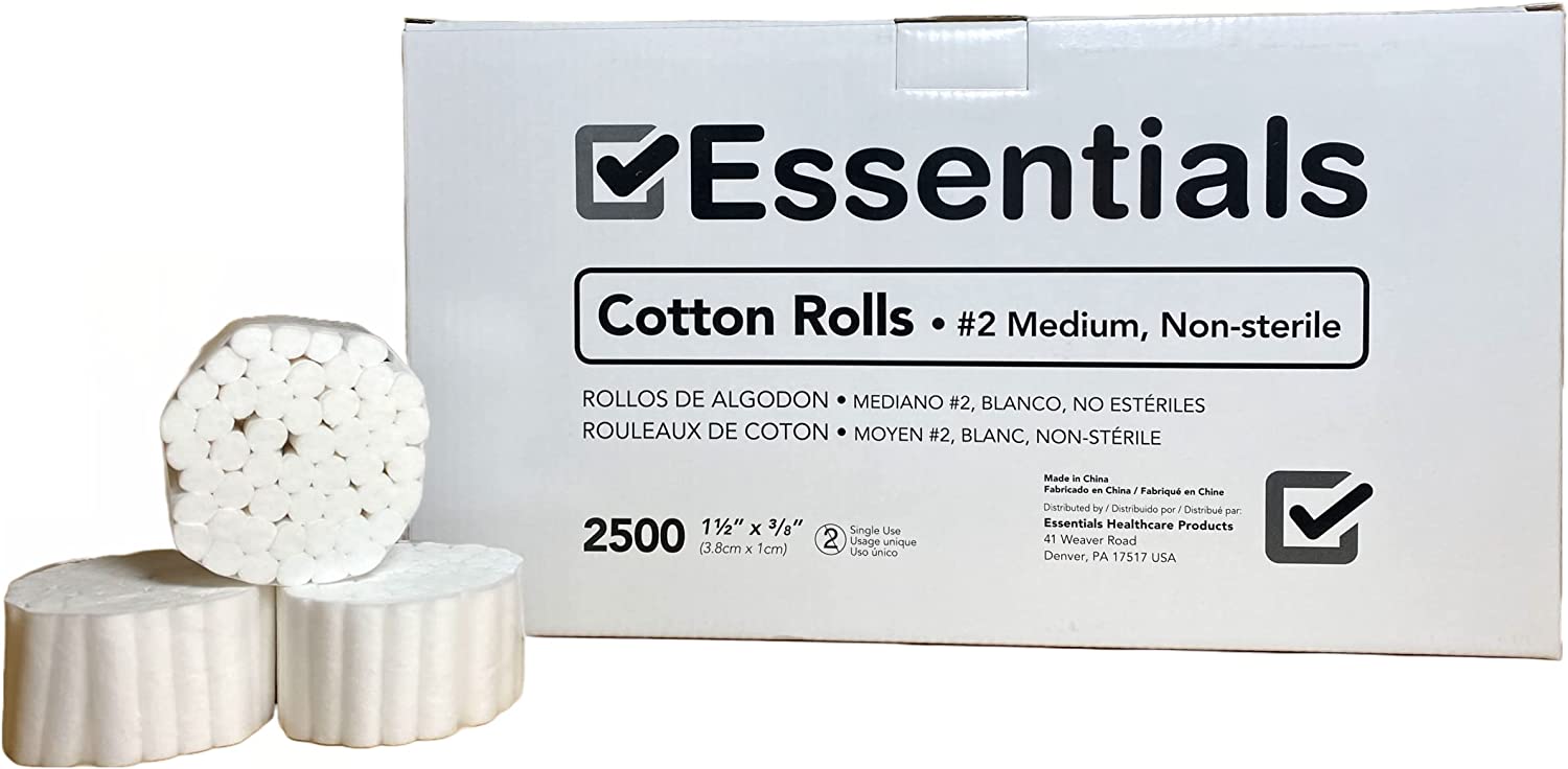 Cotton Rolls by Essentials Healthcare Products; 2,500 Count, #2 Medium, Non-Sterile. 1 1/2" x 3/8"