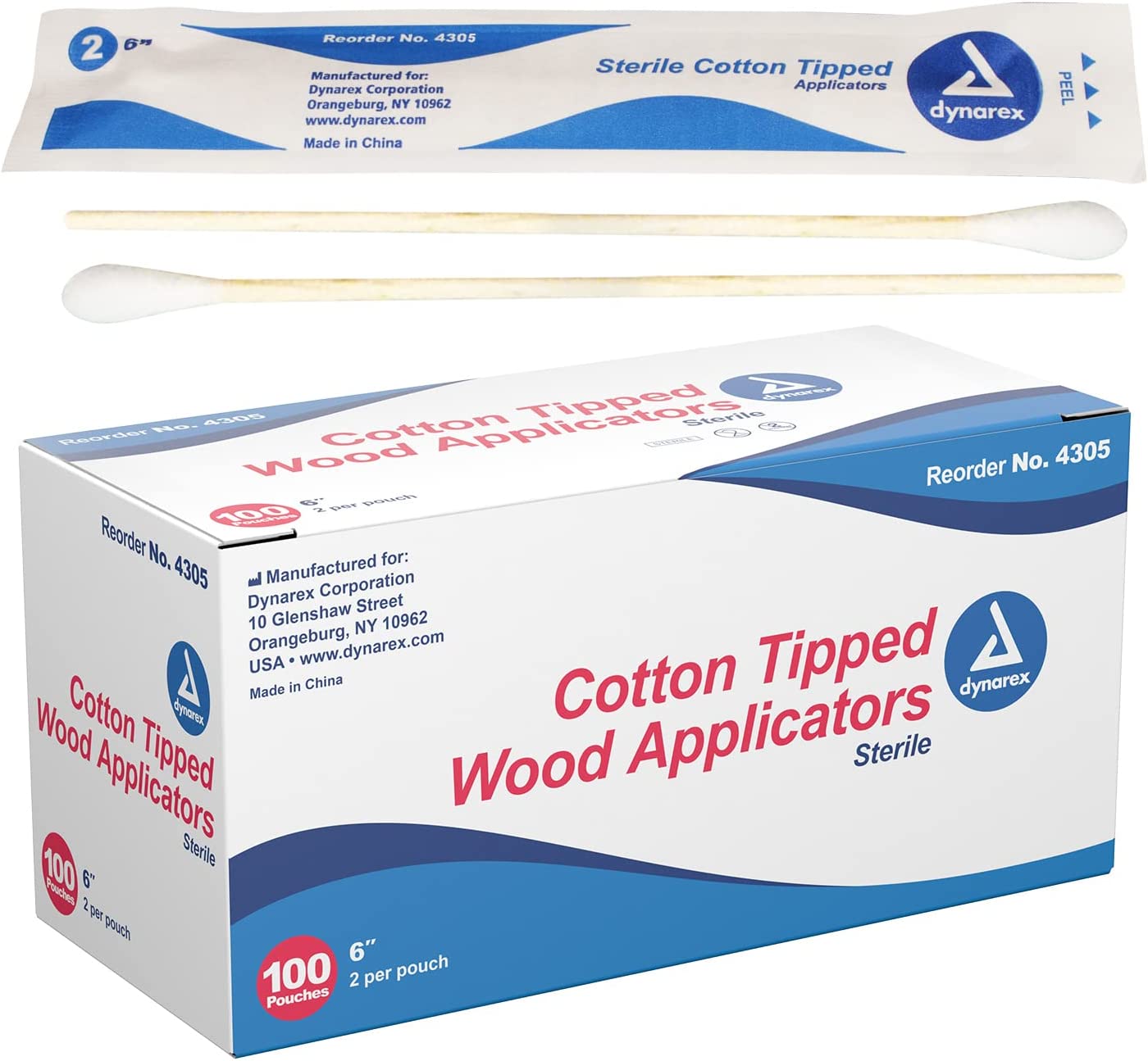 Dynarex 6-Inch Sterile Cotton Tipped Applicators - Single-Use Wooden Cotton Tip Applicators for Wound Care & Dressing, Hygiene, Make Up, Cleaning Tools, Jewelry - 1 Box of 200 Pouches, 2 per Pouch