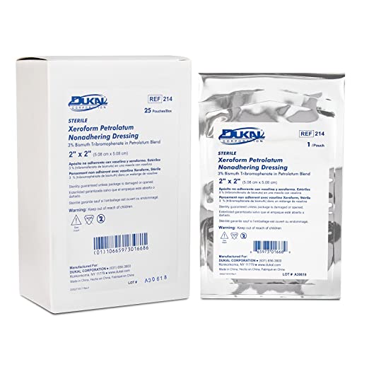 Dukal 214 Xeroform Petrolatum Gauze, Sterile, 2" W x 2" L (Pack of 25)