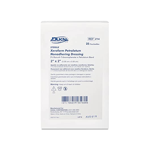 Dukal 214 Xeroform Petrolatum Gauze, Sterile, 2" W x 2" L (Pack of 25)