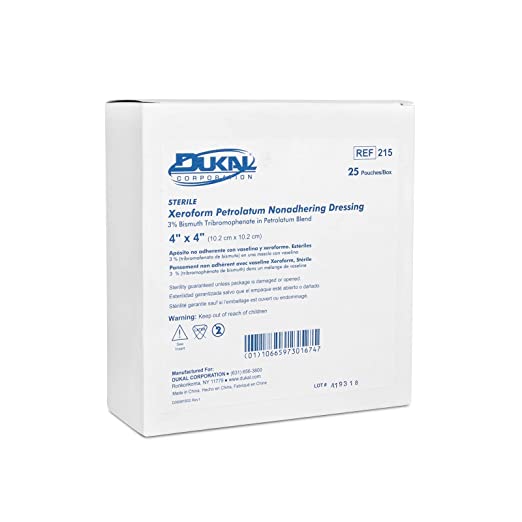 Dukal 215 Alba Xeroform Petrolatum Gauze, Sterile, 4 x 4 Inch (Pack of 25)