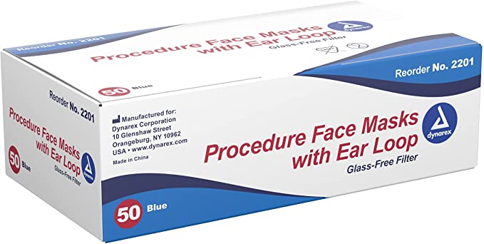 Dynarex Disposable Face Mask with Ear Loops- Breathable Blue Medical Procedure Protective Covering 2201, Box of 50