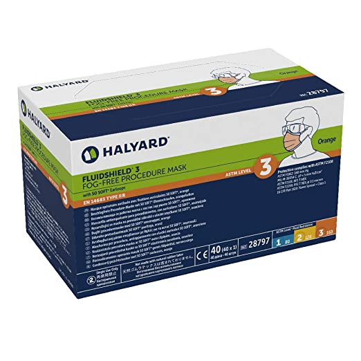 HALYARD FLUIDSHIELD 3 Disposable Procedure Mask, w/SO Soft Earloops, Fog-Free, Pleat-Style, Orange, 28797 (Box of 40)