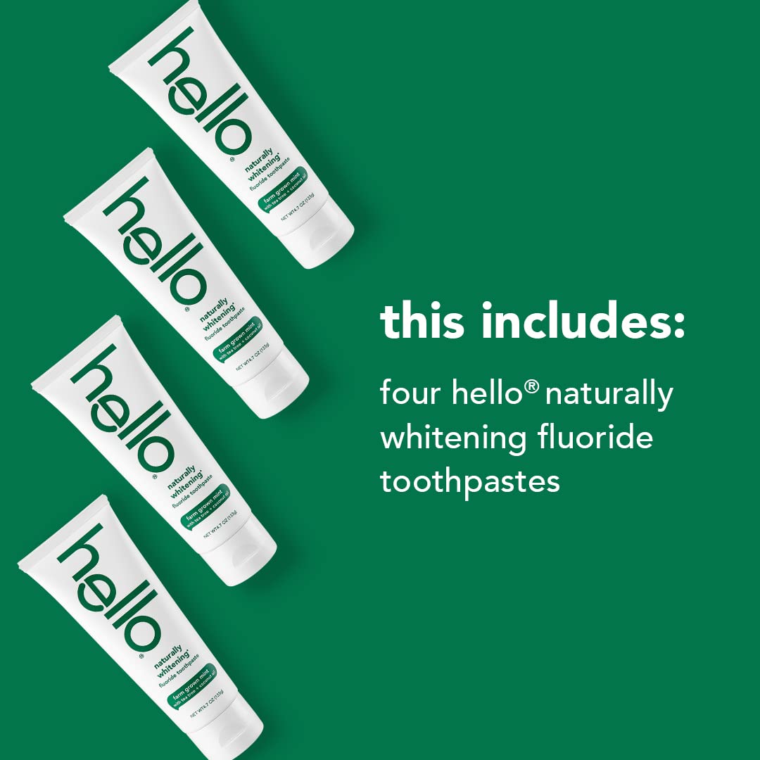Hello Naturally Whitening Fluoride Toothpaste, Farm Grown Mint, Vegan, SLS Free, Gluten Free, Peroxide Free, 4.7 Ounce (Pack of 4)