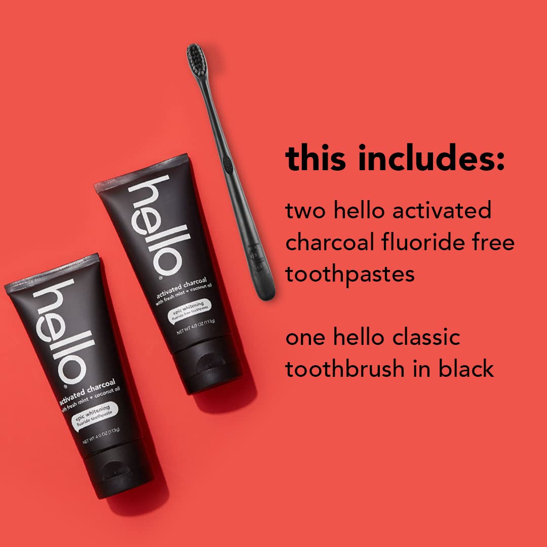 Hello Activated Charcoal Epic Teeth Whitening Fluoride Free Toothpaste and Toothbrush, Fresh Mint and Coconut Oil, Vegan, SLS Free, Gluten Free and Peroxide Free, 4 Ounce