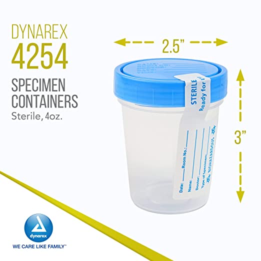 Dynarex Specimen Containers, 4 oz., Sterile, Bulk Packaged Specimen Cups with Clear Blue Lid, 1 Box of 100