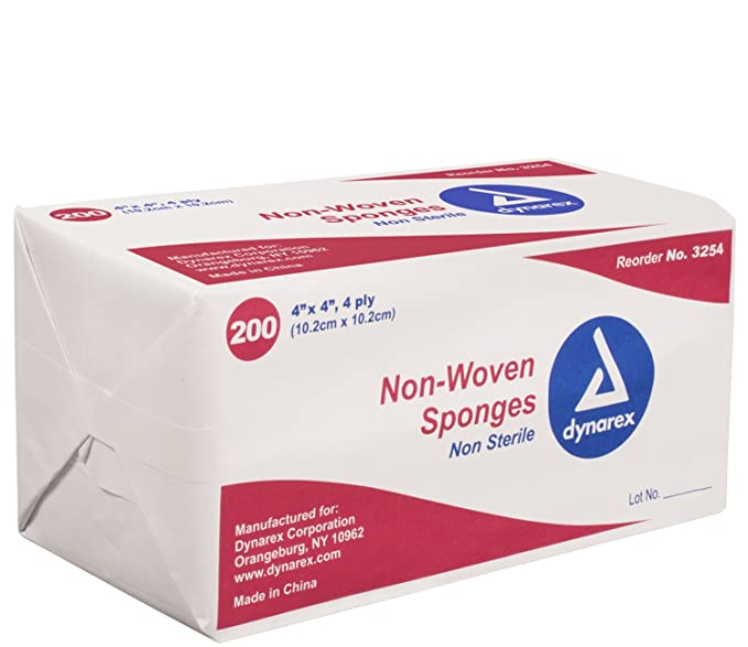 Dynarex Non-Sterile Non Woven Sponge, 4x4 Inch, 200 Count