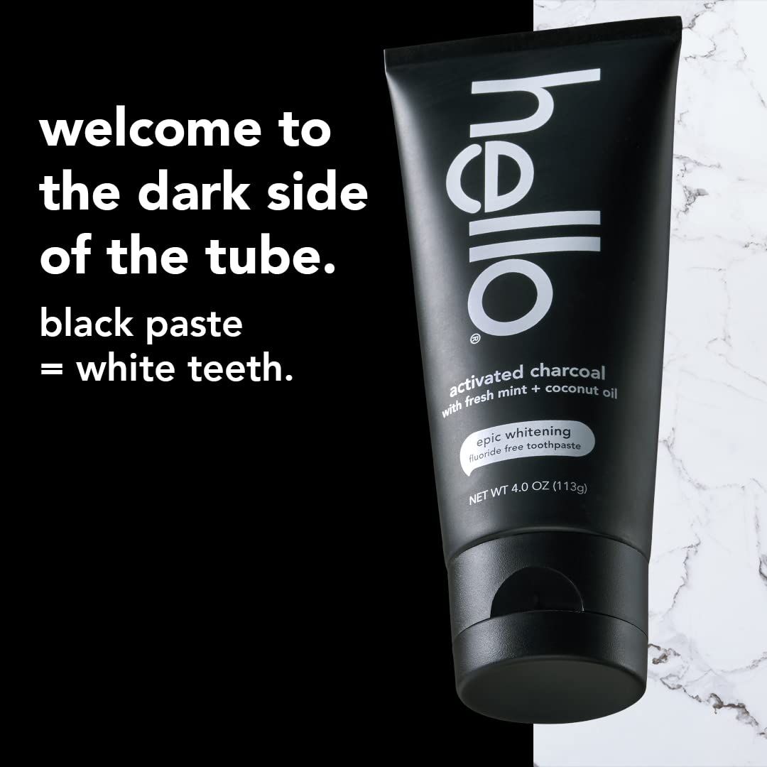 Hello Activated Charcoal Epic Teeth Whitening Fluoride Free Toothpaste and Toothbrush, Fresh Mint and Coconut Oil, Vegan, SLS Free, Gluten Free and Peroxide Free, 4 Ounce