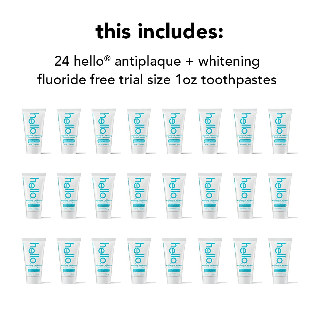 Hello Antiplaque and Whitening Fluoride Free Toothpaste, 1 Ounce (Pack of 24), Natural Peppermint with Tea Tree and Coconut Oil, Vegan, SLS Free, Gluten Free and Peroxide Free