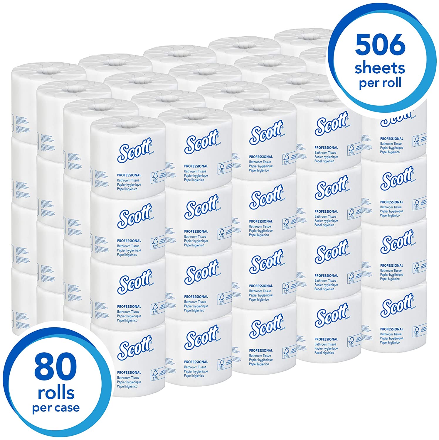 Scott Essential Professional 100% Recycled Fiber Bulk Toilet Paper for Business (13217), 2-Ply Standard Rolls, White, 80 Rolls/Case, 506 Sheets/Roll